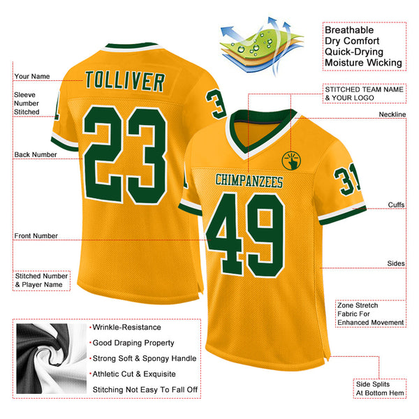 Custom Gold Green-White Mesh Authentic Throwback Football Jersey alternate