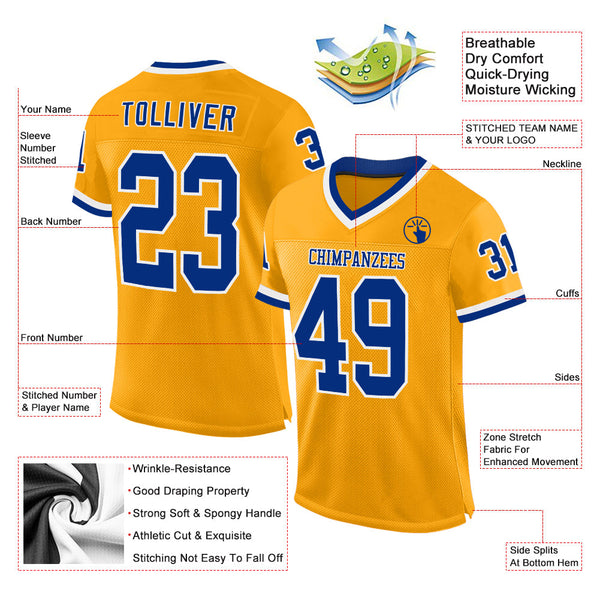 Custom Gold Royal-White Mesh Authentic Throwback Football Jersey alternate