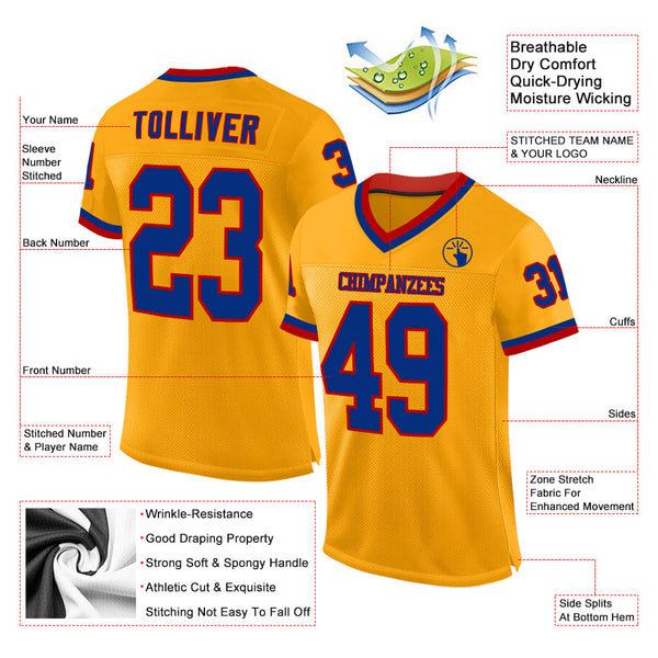 Custom Gold Royal-Red Mesh Authentic Throwback Football Jersey alternate