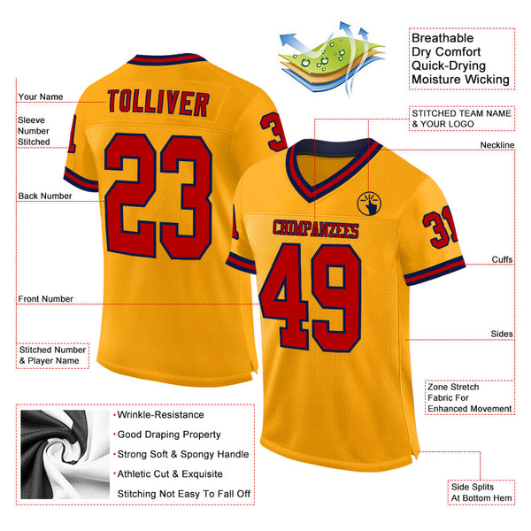 Custom Gold Red-Navy Mesh Authentic Throwback Football Jersey alternate