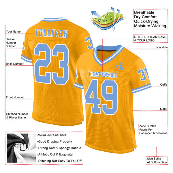 Custom Gold Light Blue-White Mesh Authentic Throwback Football Jersey alternate