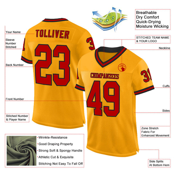 Custom Gold Red-Black Mesh Authentic Throwback Football Jersey alternate