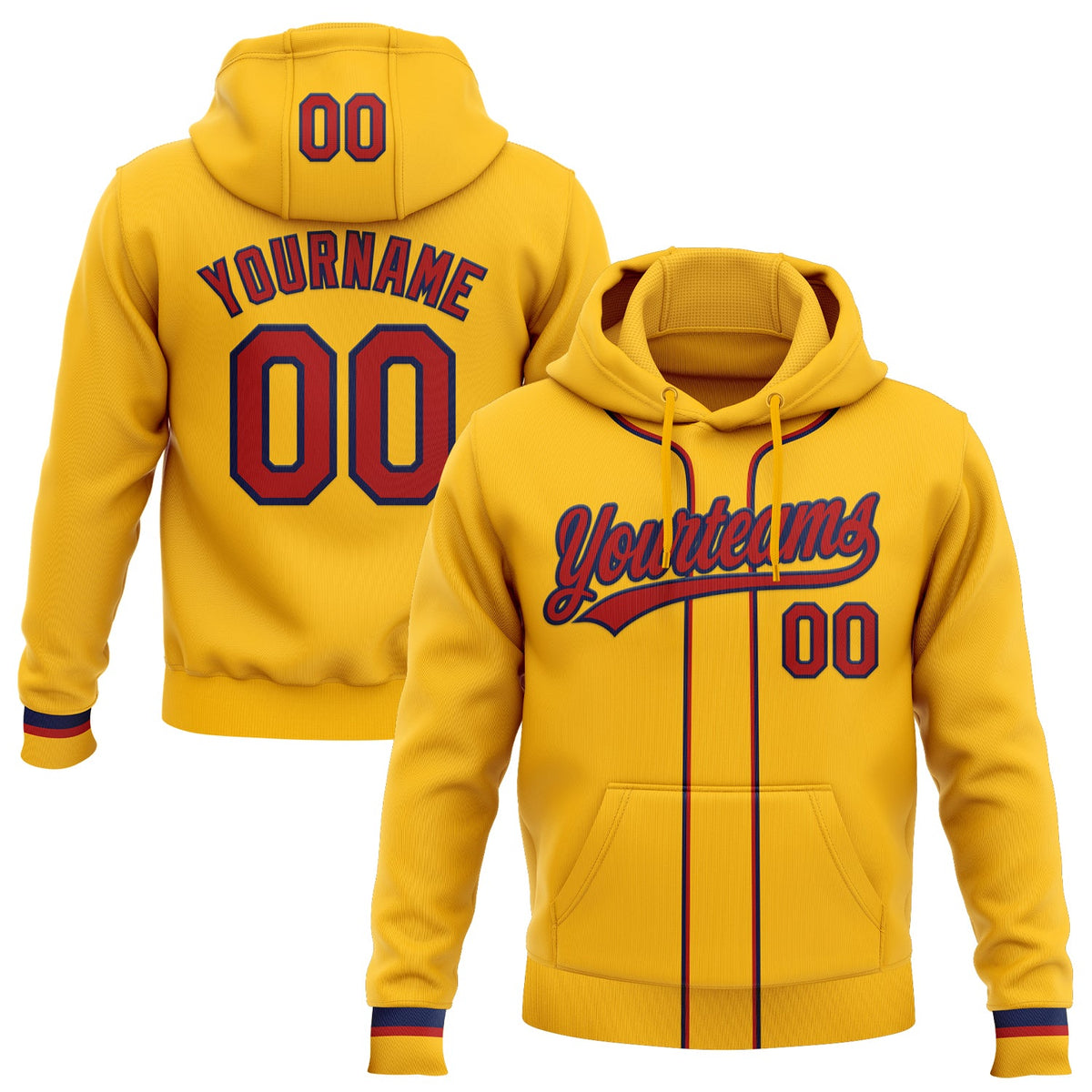 Custom Stitched Gold Red-Navy Baseball Pullover Sweatshirt Hoodie