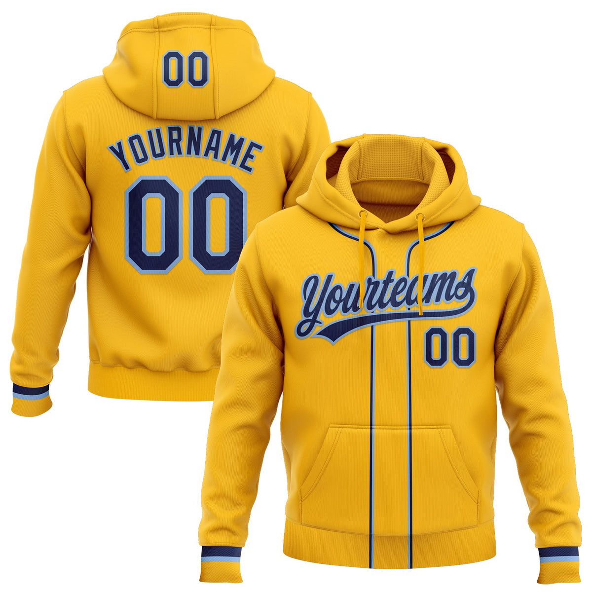 Custom Stitched Gold Navy-Light Blue Baseball Pullover Sweatshirt Hoodie