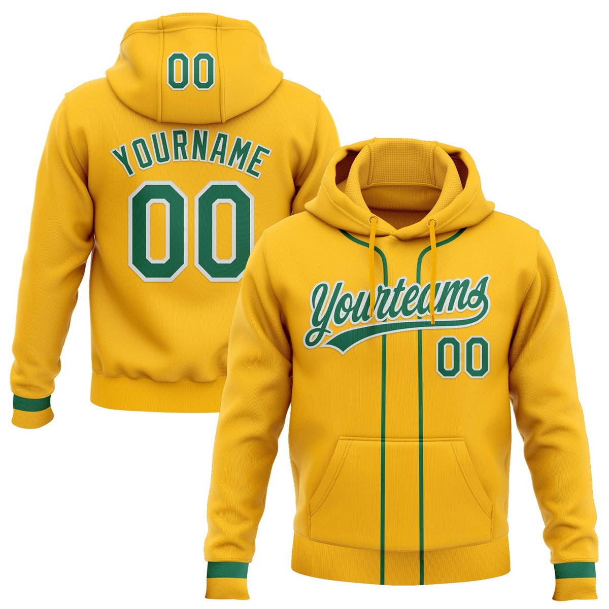 Custom Stitched Gold Kelly Green-White Baseball Pullover Sweatshirt Hoodie