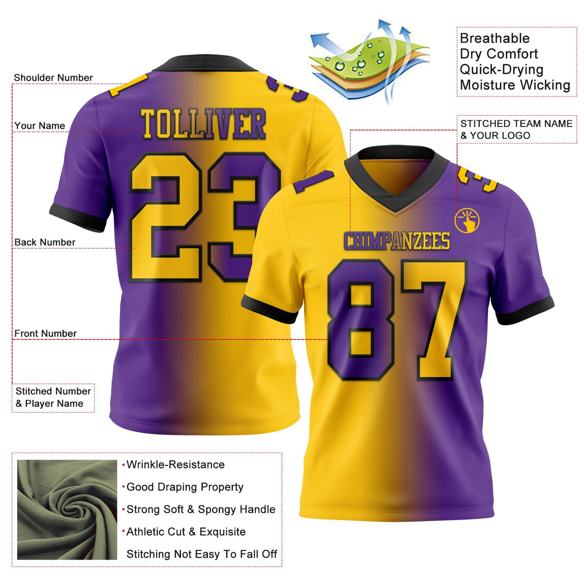 Custom Purple Yellow-Black Authentic Gradient Fashion Football Jersey - Back