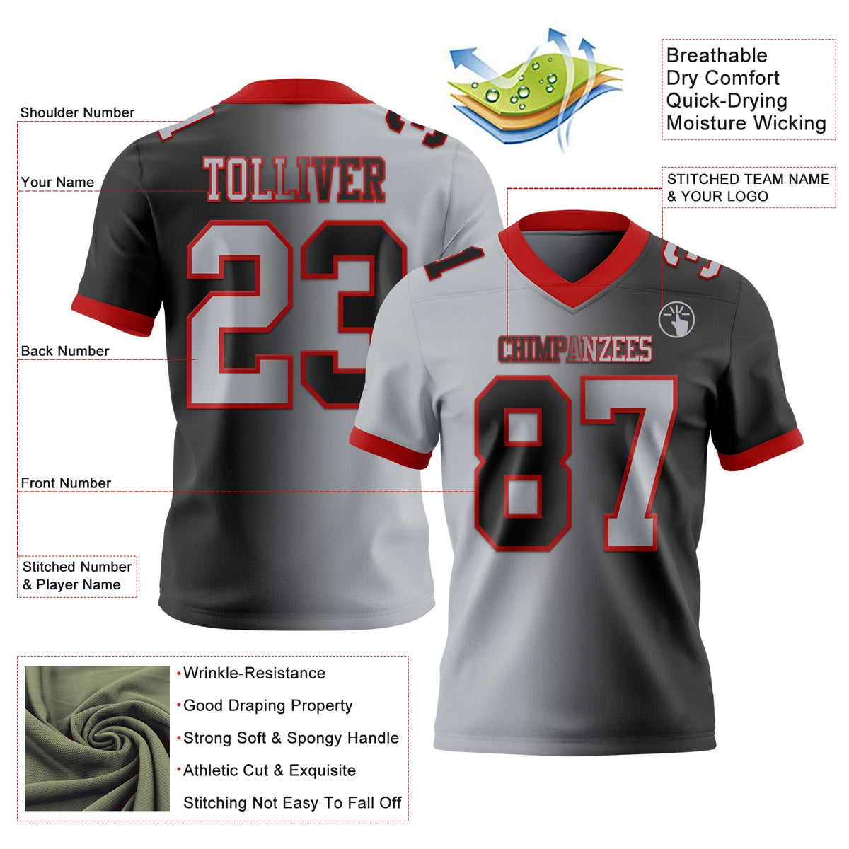 Custom Black Gray-Red Authentic Gradient Fashion Football Jersey - Front