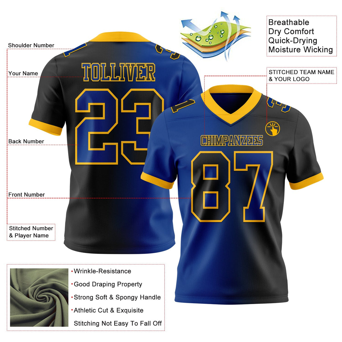 Custom Black Royal-Gold Authentic Gradient Fashion Football Jersey - Back