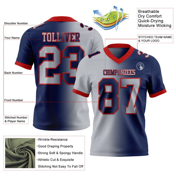 Custom Navy Gray-Red Authentic Gradient Fashion Football Jersey alternate