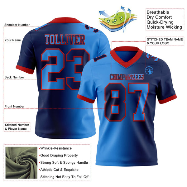 Custom Navy Powder Blue-Red Authentic Gradient Fashion Football Jersey alternate