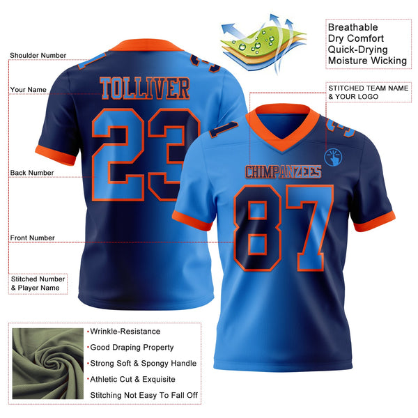 Custom Navy Powder Blue-Orange Authentic Gradient Fashion Football Jersey alternate