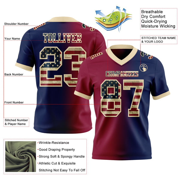 Custom Navy Vintage USA Flag Maroon-Cream Authentic Gradient Fashion Football Jersey alternate