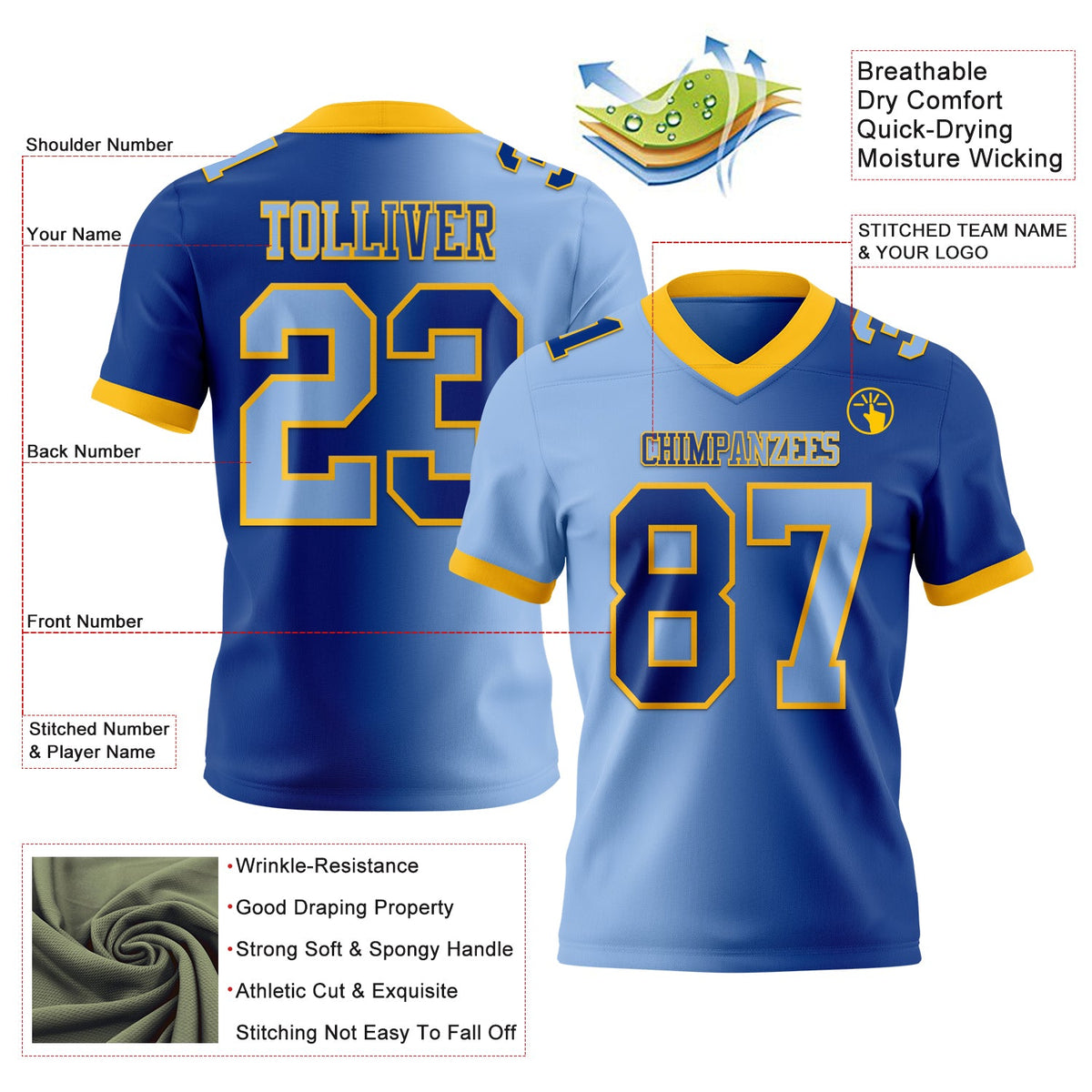 Custom Royal Light Blue-Gold Authentic Gradient Fashion Football Jersey - Back