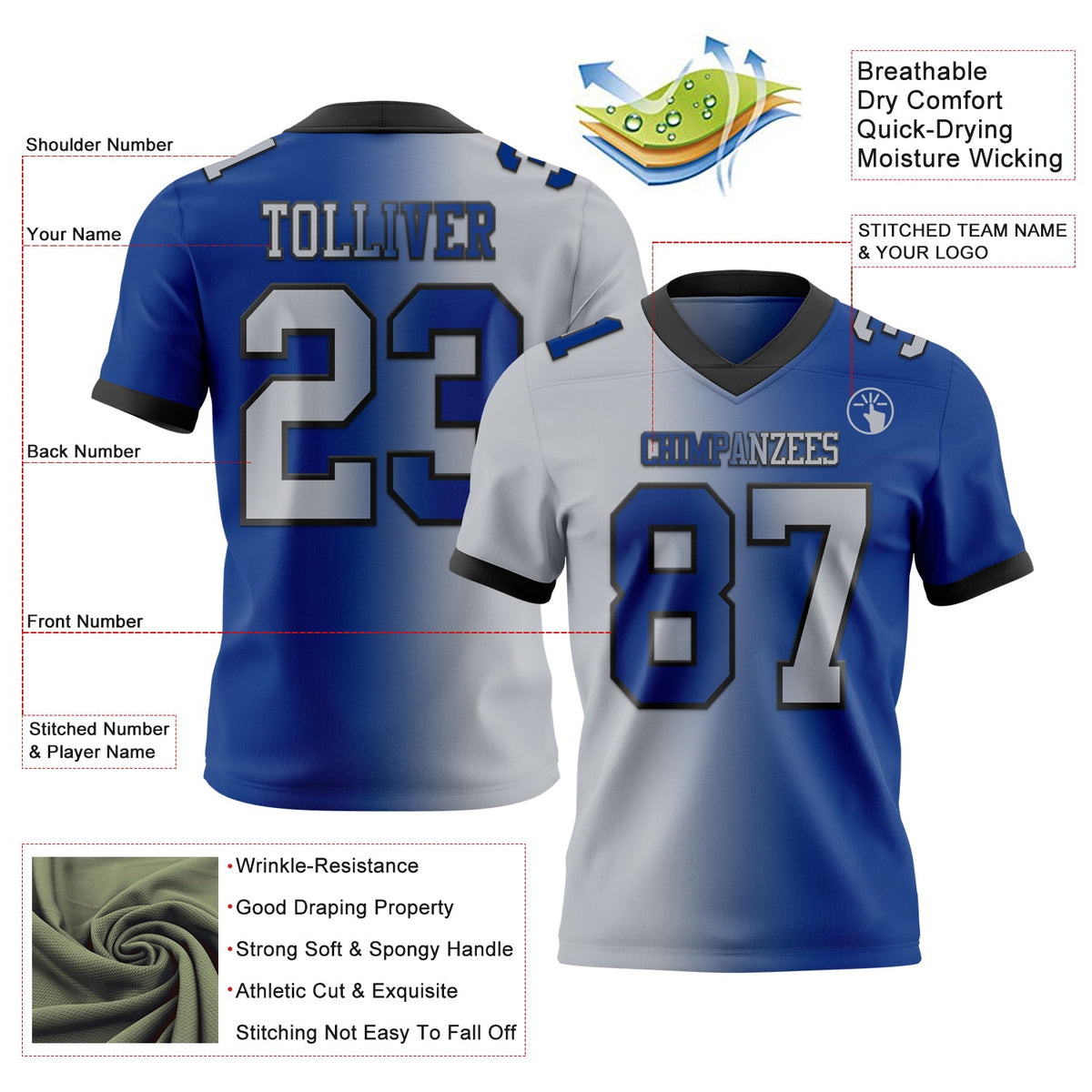 Custom Royal Gray-Black Authentic Gradient Fashion Football Jersey - Back