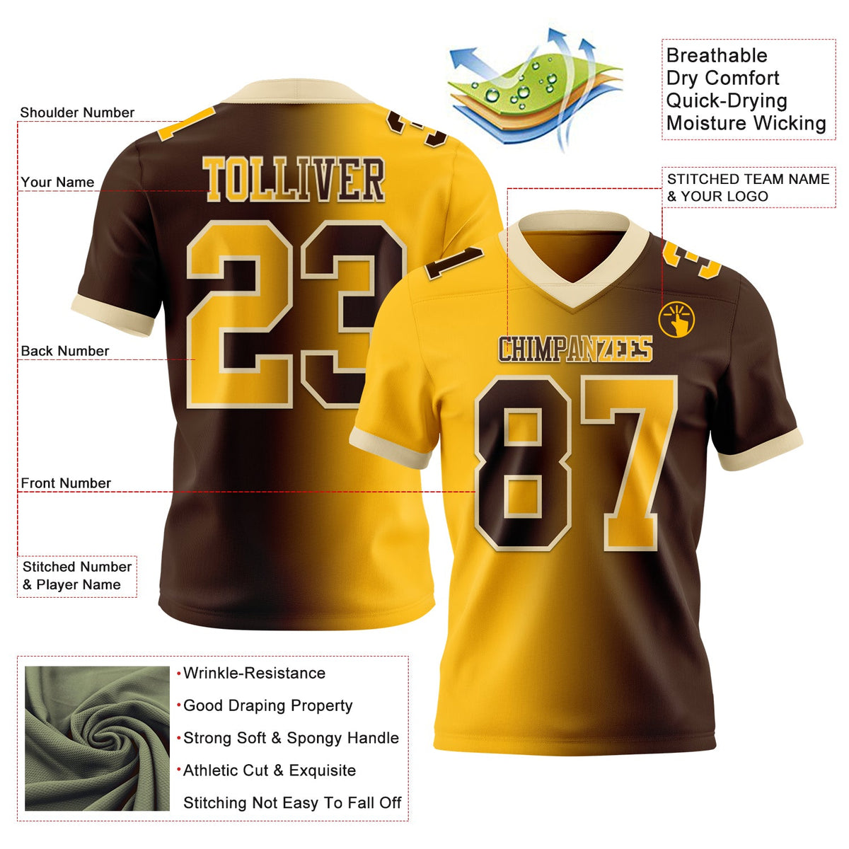 Custom Brown Gold-Cream Authentic Gradient Fashion Football Jersey - Back