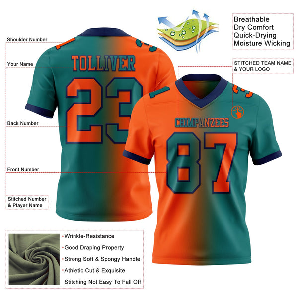 Custom Teal Orange-Navy Authentic Gradient Fashion Football Jersey alternate