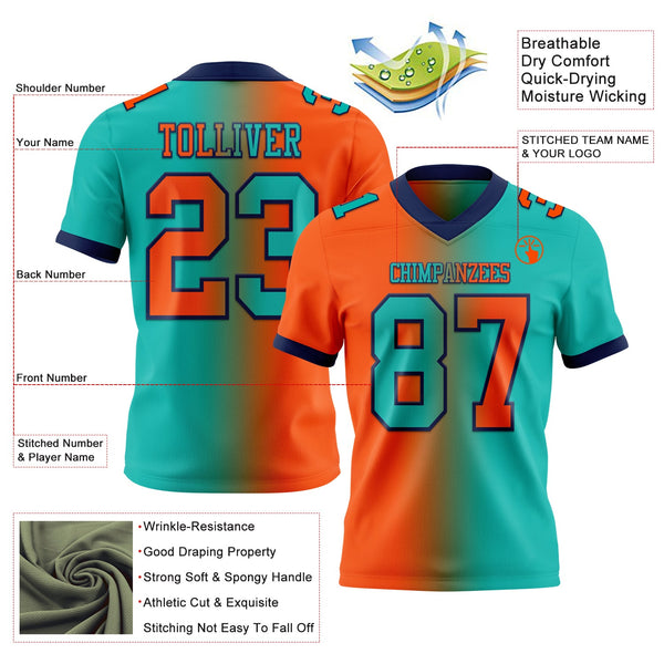Custom Aqua Orange-Navy Authentic Gradient Fashion Football Jersey alternate