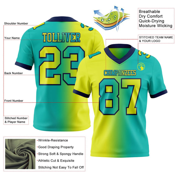 Custom Aqua Neon Yellow-Navy Authentic Gradient Fashion Football Jersey alternate