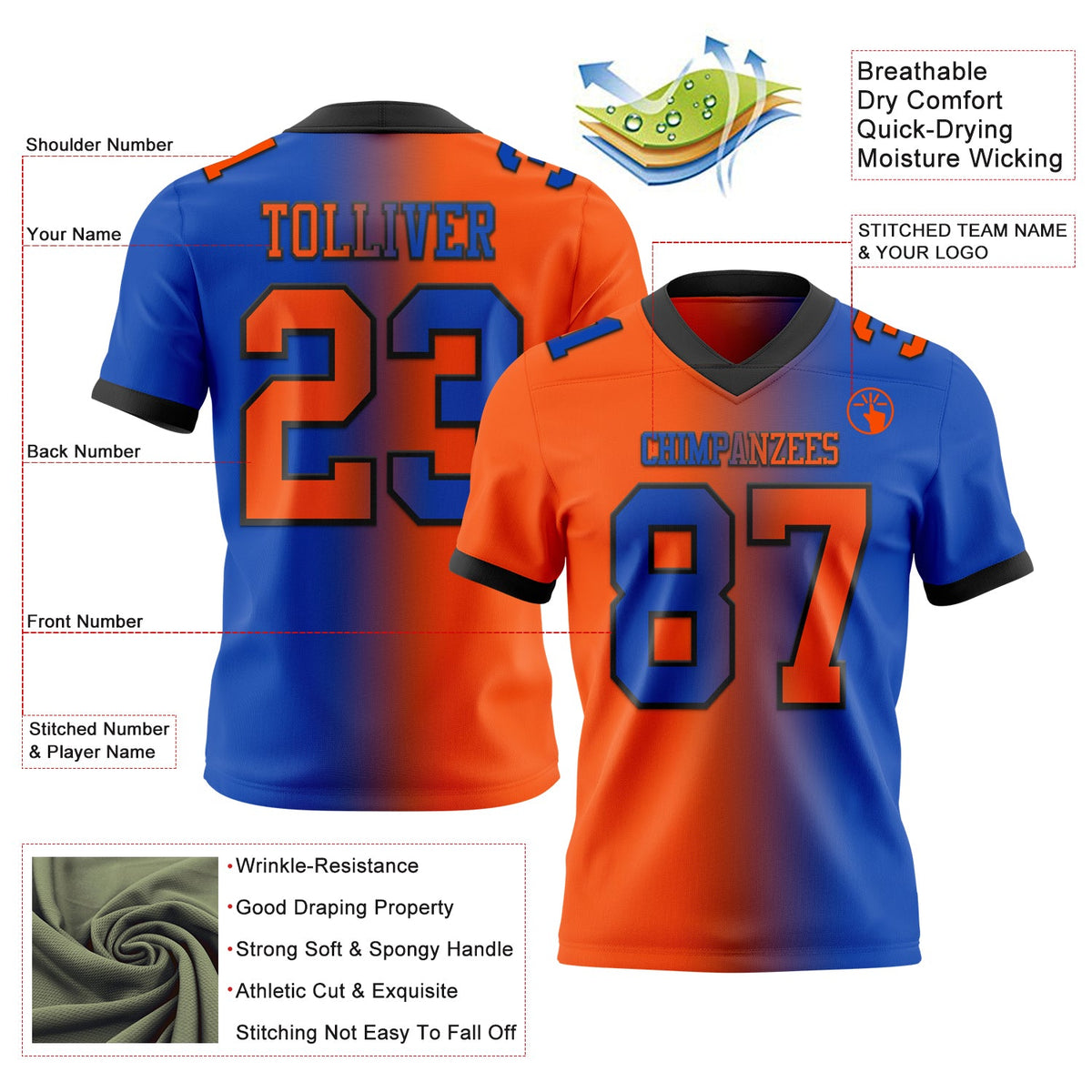 Custom Thunder Blue Orange-Black Authentic Gradient Fashion Football Jersey - Back
