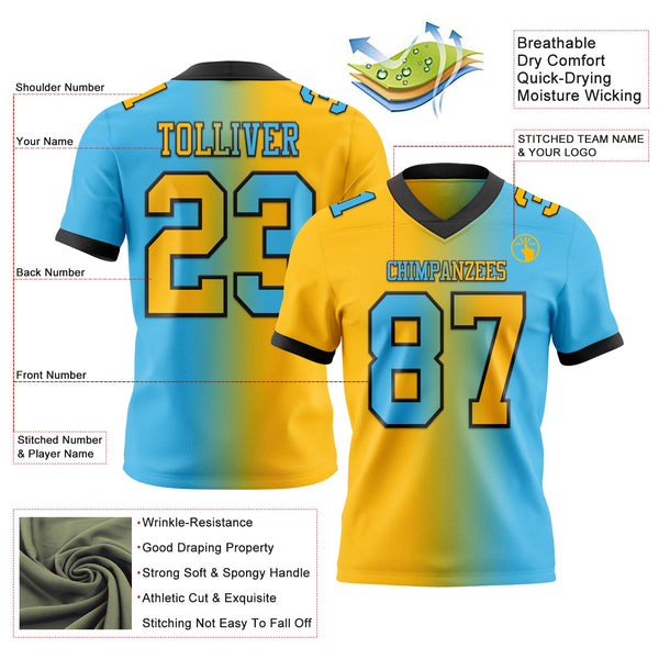 Custom Sky Blue Gold-Black Authentic Gradient Fashion Football Jersey alternate