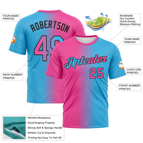 Custom Sky Blue Pink-Black Gradient Fashion Performance T-Shirt alternate