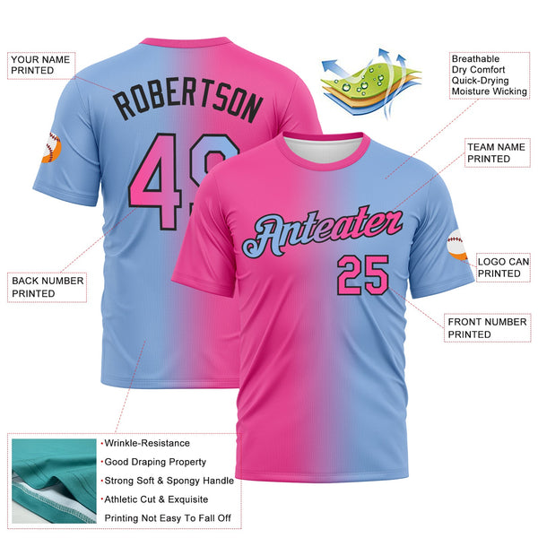 Custom Light Blue Pink-Black Gradient Fashion Performance T-Shirt alternate