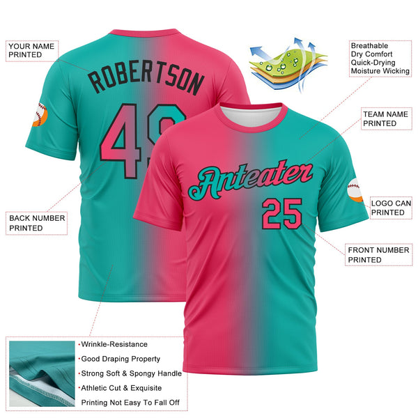 Custom Aqua Neon Pink-Black Gradient Fashion Performance T-Shirt alternate