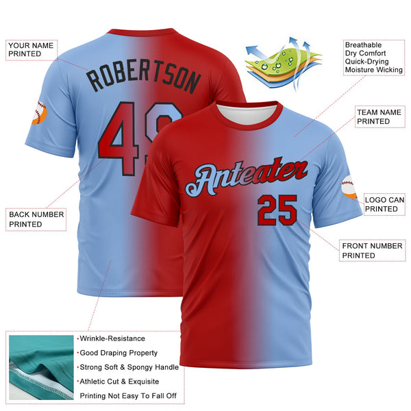 Custom Light Blue Red-Black Gradient Fashion Performance T-Shirt alternate