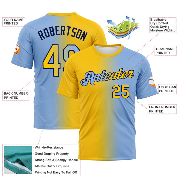Custom Light Blue Yellow-Navy Gradient Fashion Performance T-Shirt alternate