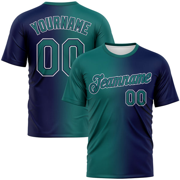Custom Navy Teal-White Gradient Fashion Performance T-Shirt