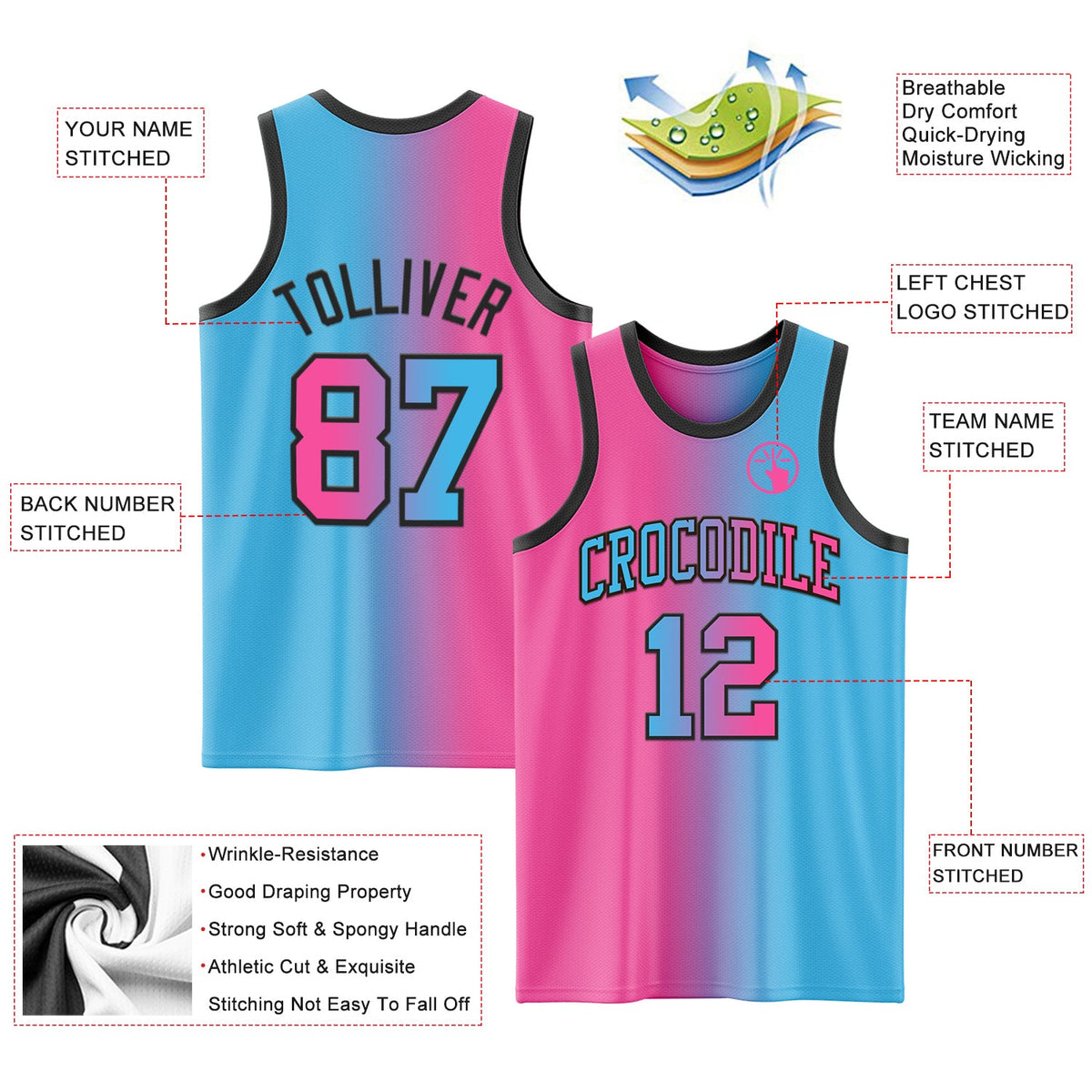 Custom Sky Blue Pink-Black Authentic Gradient Fashion Basketball Jersey - Front