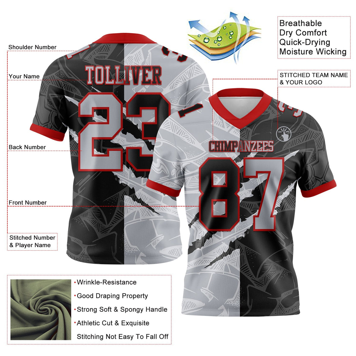 Custom Black Gray-Red Authentic Gradient Fashion Scratch Football Jersey - Front