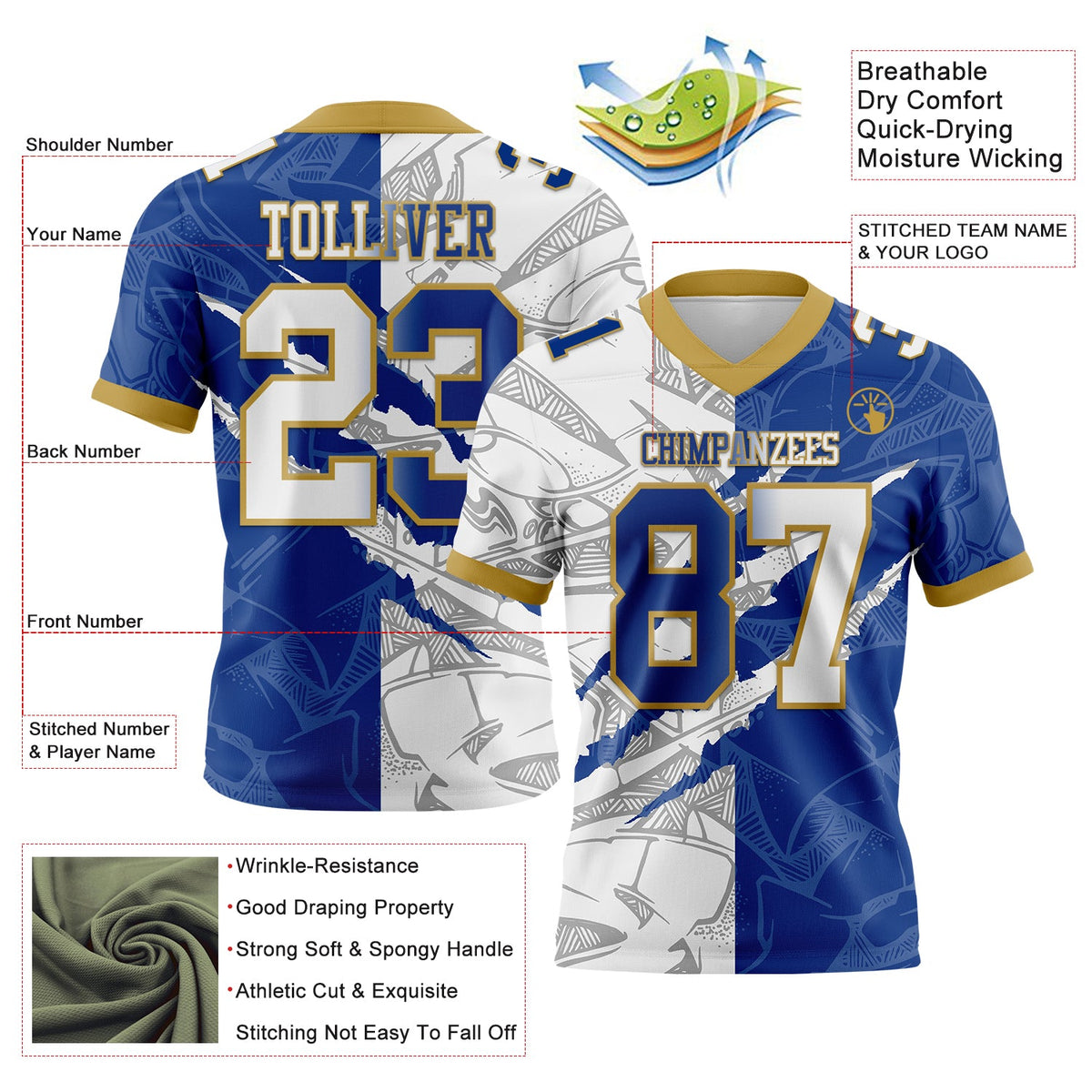 Custom Royal White-Old Gold Authentic Gradient Fashion Scratch Football Jersey - Front