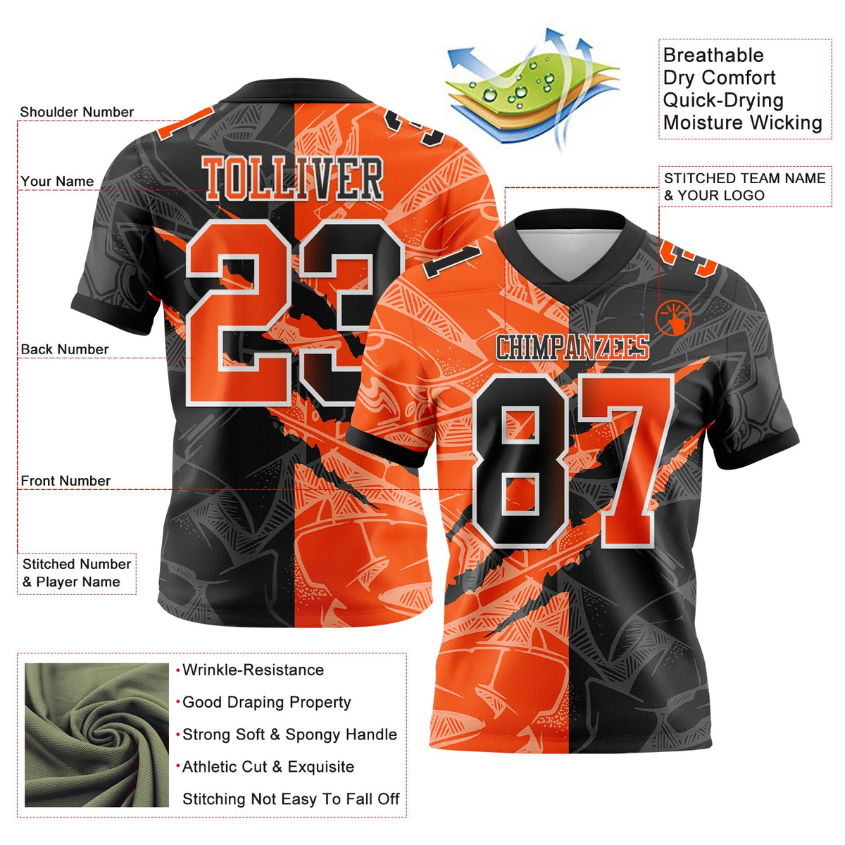 Custom Black Orange-White Authentic Gradient Fashion Scratch Football Jersey - Front