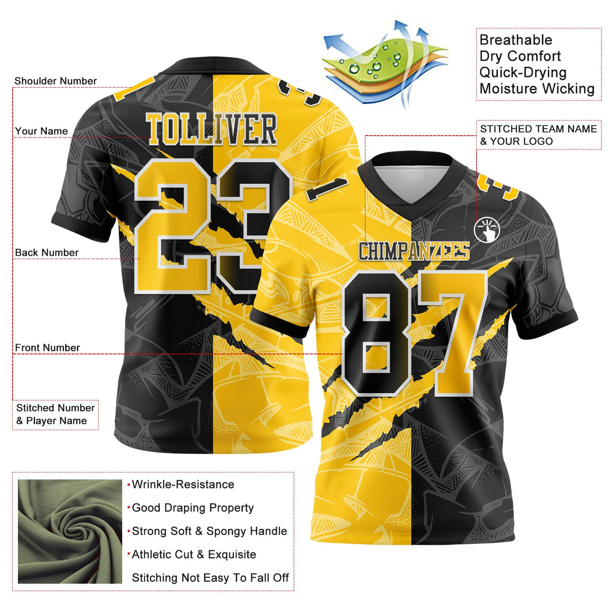 Custom Black Yellow-White Authentic Gradient Fashion Scratch Football Jersey - Front