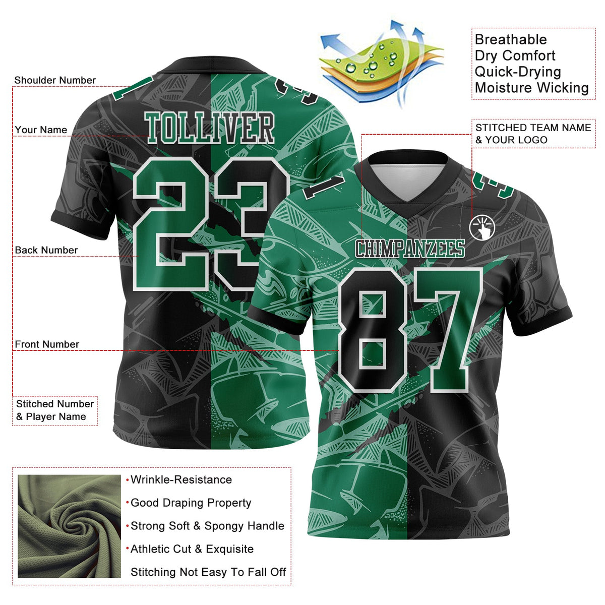 Custom Black Kelly Green-White Authentic Gradient Fashion Scratch Football Jersey - Front