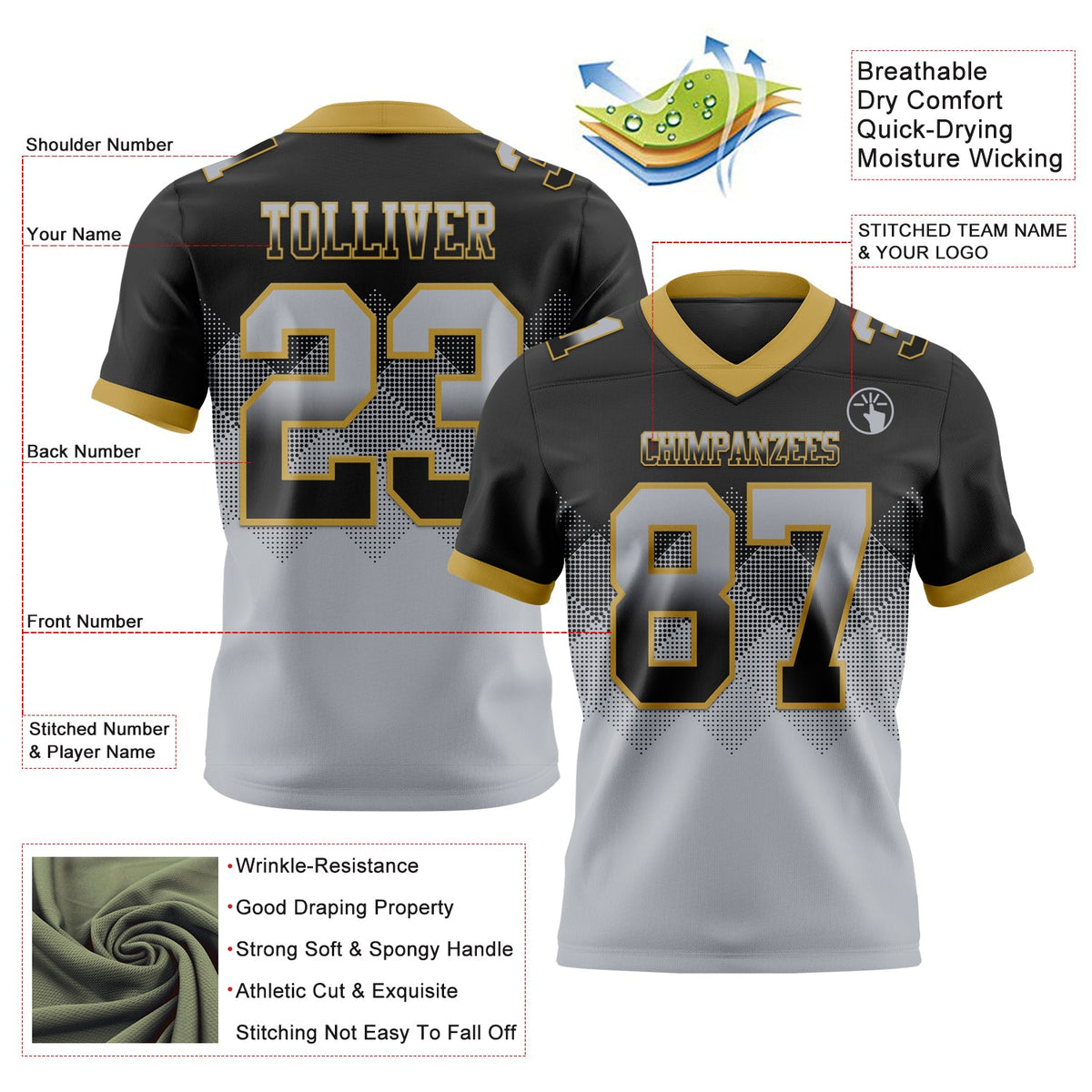 Custom Black Gray-Old Gold Authentic Gradient Square Shape 7V7 Flag Football Jersey - Back