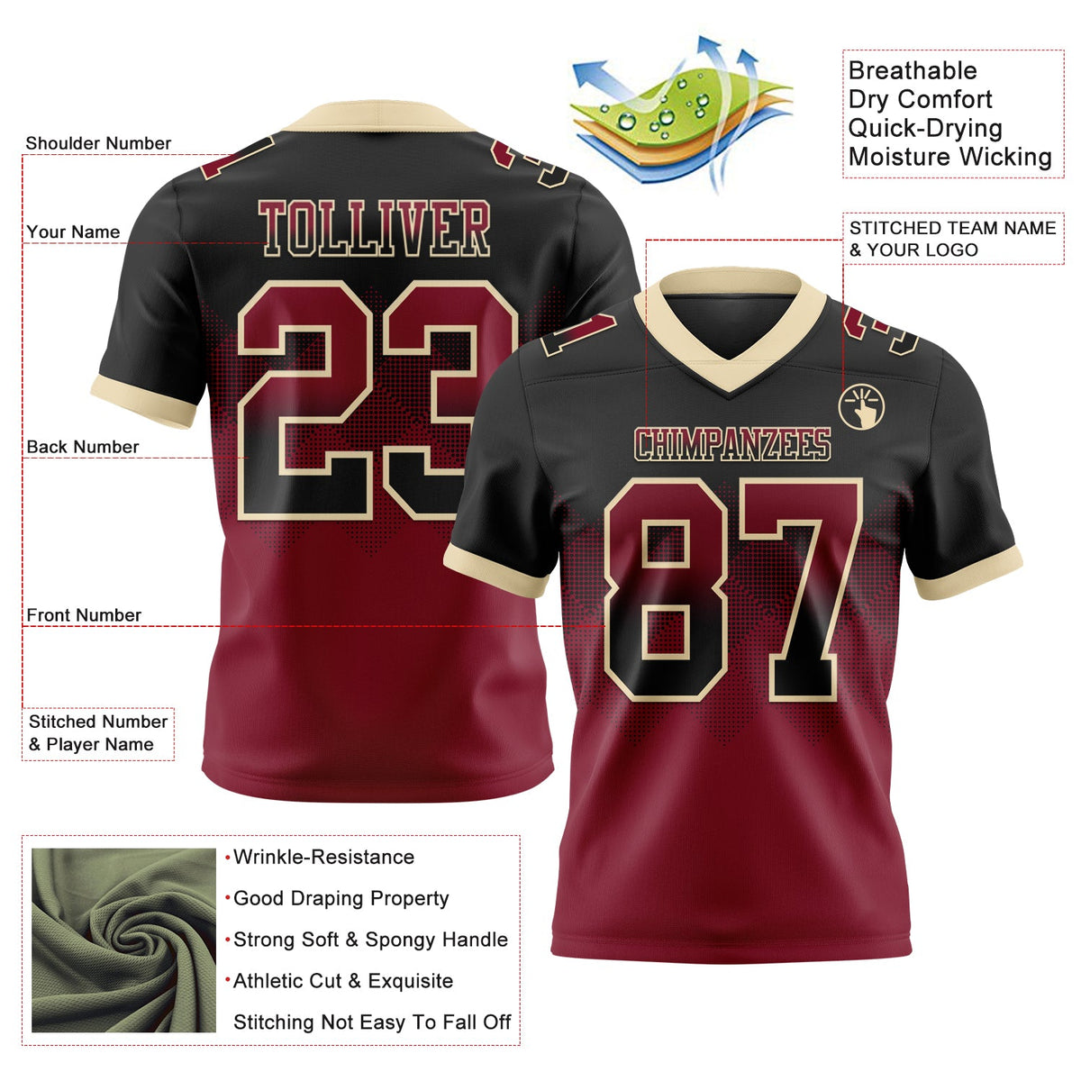Custom Black Crimson-Cream Authentic Gradient Square Shape 7V7 Flag Football Jersey - Back