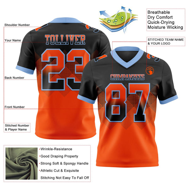 Custom Black Orange-Light Blue Authentic Gradient Square Shape 7V7 Flag Football Jersey alternate