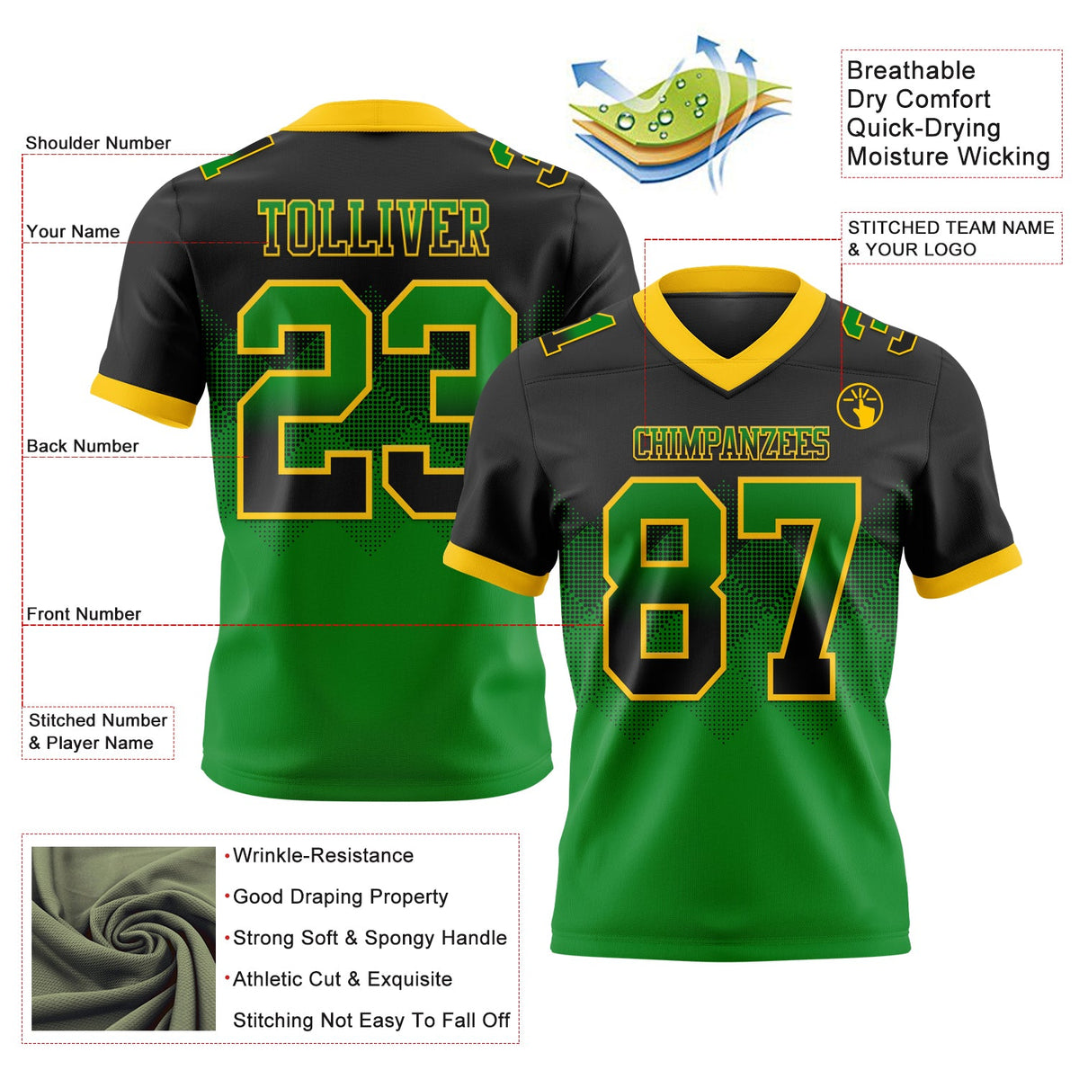 Custom Black Grass Green-Yellow Authentic Gradient Square Shape 7V7 Flag Football Jersey - Back