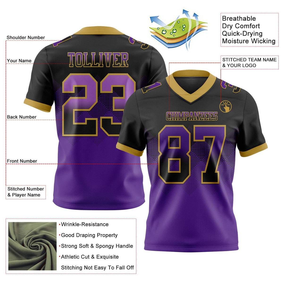 Custom Black Purple-Old Gold Authentic Gradient Square Shape 7V7 Flag Football Jersey - Back