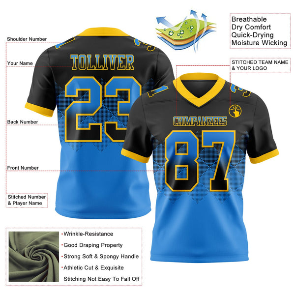 Custom Black Powder Blue-Yellow Authentic Gradient Square Shape 7V7 Flag Football Jersey alternate