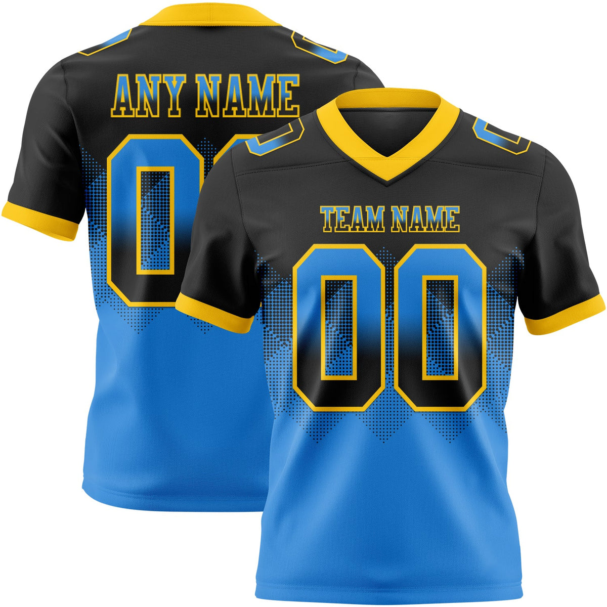 Custom Black Powder Blue-Yellow Authentic Gradient Square Shape 7V7 Flag Football Jersey