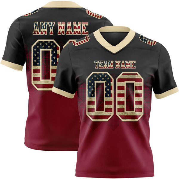 Custom Black Vintage USA Flag Crimson-Cream Authentic Gradient Square Shape 7V7 Flag Football Jersey