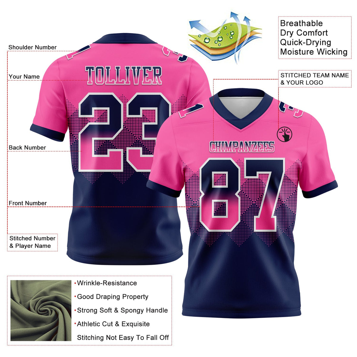 Custom Pink Navy-White Authentic Gradient Square Shape 7V7 Flag Football Jersey - Back