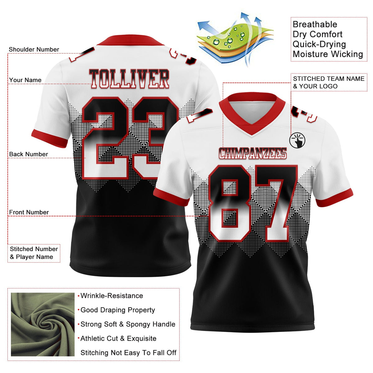 Custom White Black-Red Authentic Gradient Square Shape 7V7 Flag Football Jersey - Back