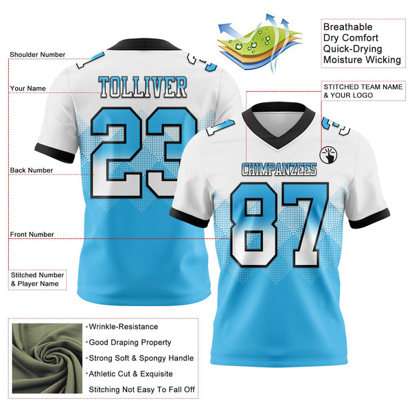 Custom White Sky Blue-Black Authentic Gradient Square Shape 7V7 Flag Football Jersey alternate