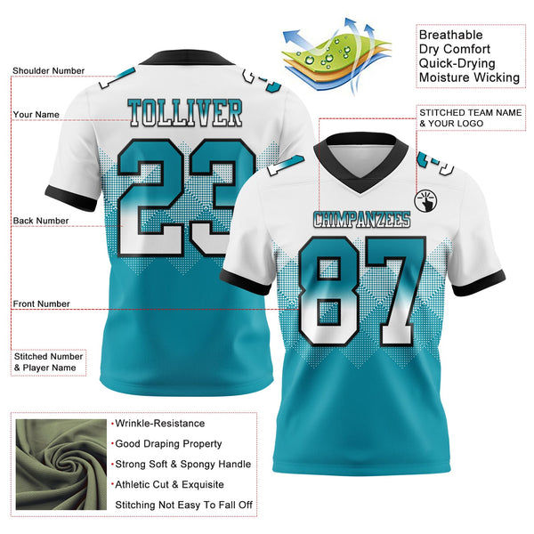 Custom White Teal-Black Authentic Gradient Square Shape 7V7 Flag Football Jersey alternate