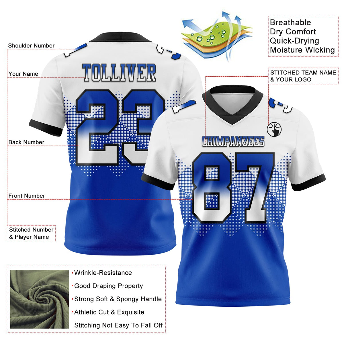 Custom White Thunder Blue-Black Authentic Gradient Square Shape 7V7 Flag Football Jersey - Back