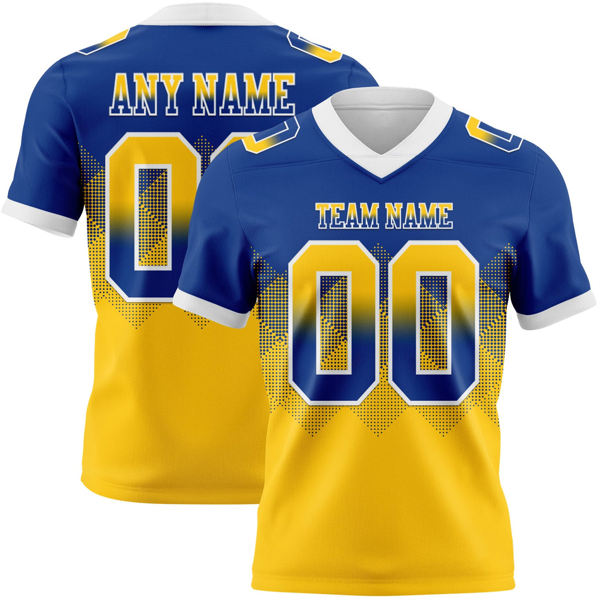 Custom Royal Yellow-White Authentic Gradient Square Shape Flag Football Jersey